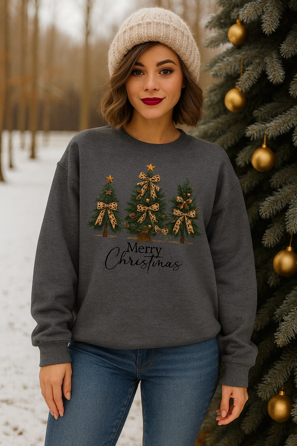 MERRY CHRISTMAS LEOPARD TREES - UNISEX DARK HEATHER GREY SWEATSHIRT
