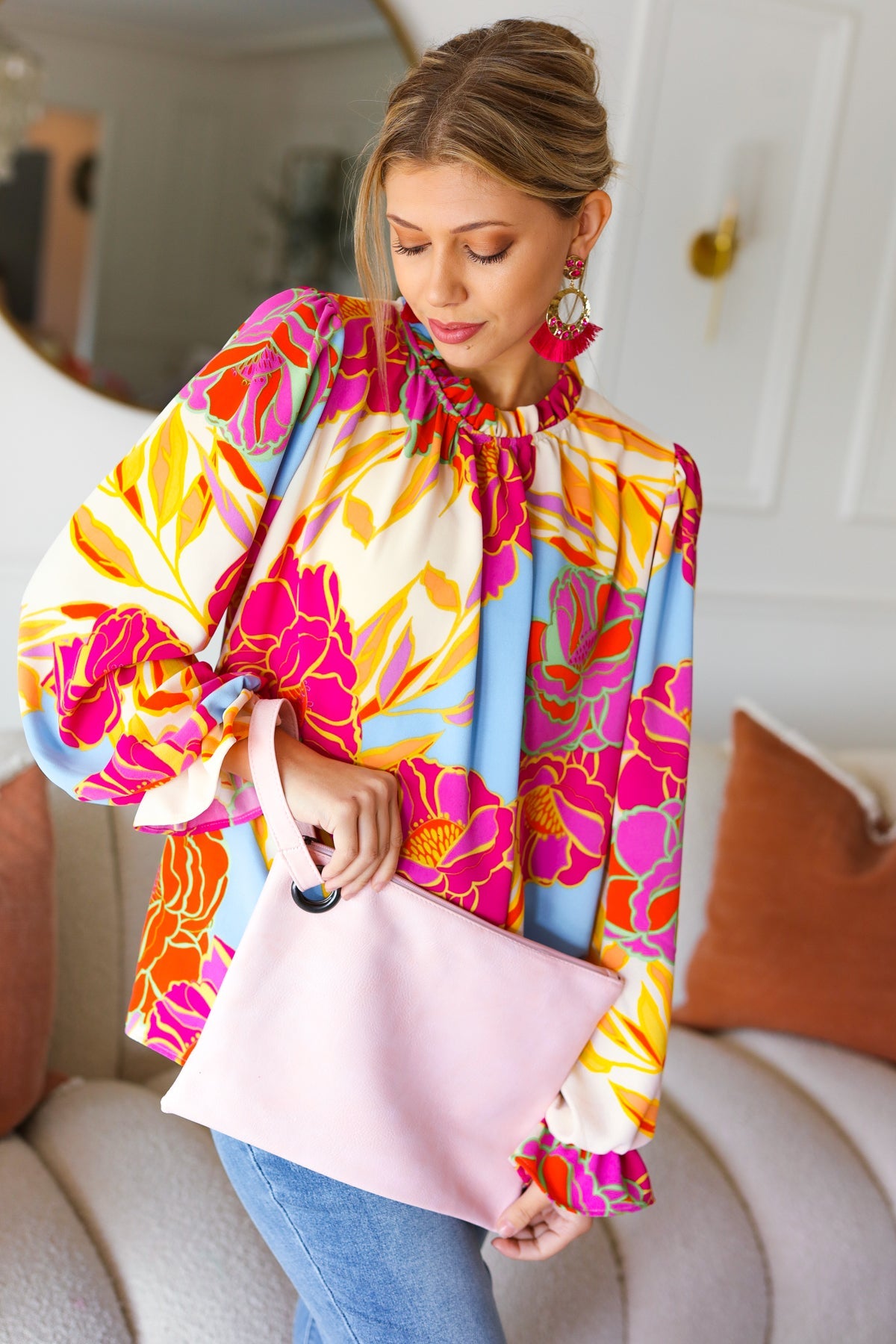 Blush Faux Leather Handle Zipper Clutch