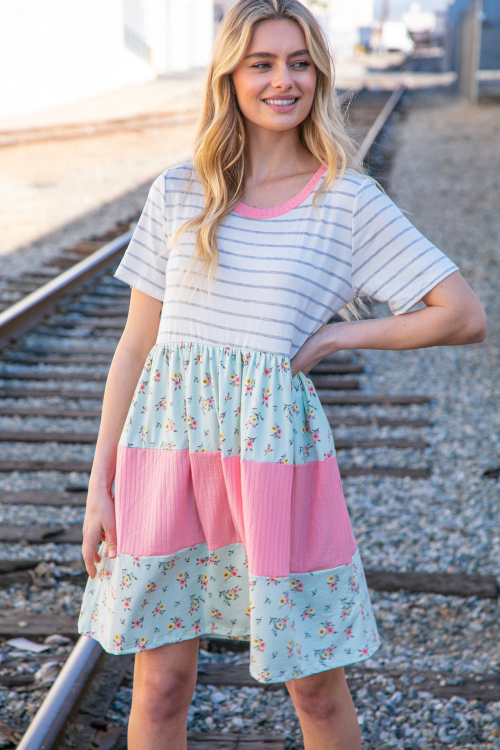 Floral and Stripe Color Block Fit and Flare Rib Dress Southern Belles & Company Boutique Floral and Stripe Color Block Fit and Flare Rib Dress Southern Belles & Company Boutique