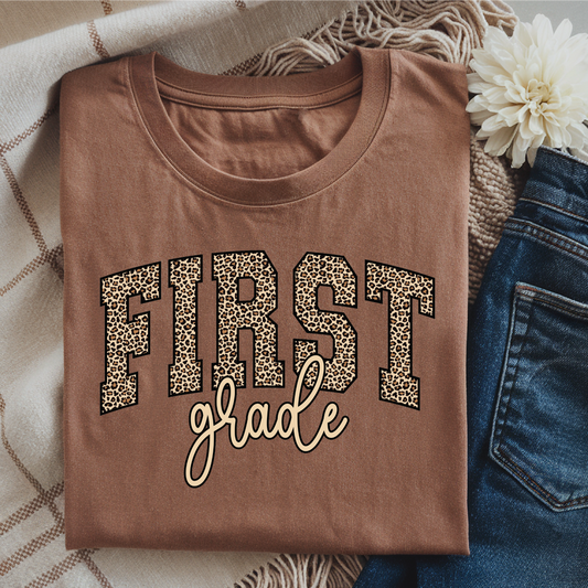 FIRST GRADE LEOPARD Letters Graphic T-Shirt