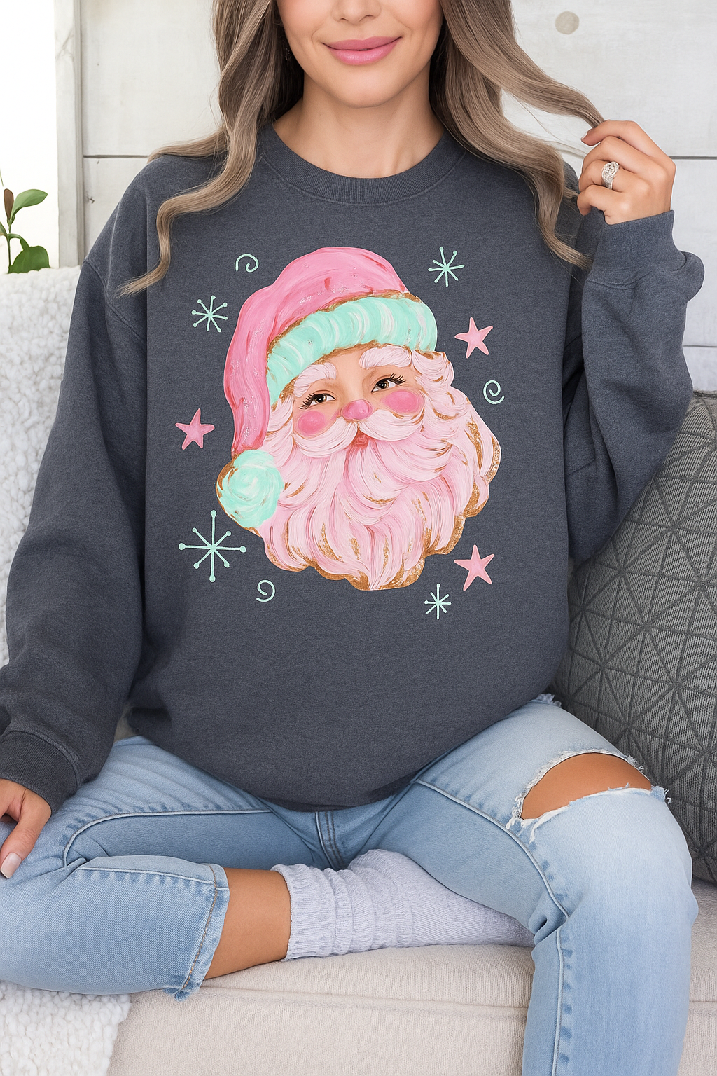 Hand Painted Santa ON DARK HEATHER GREY