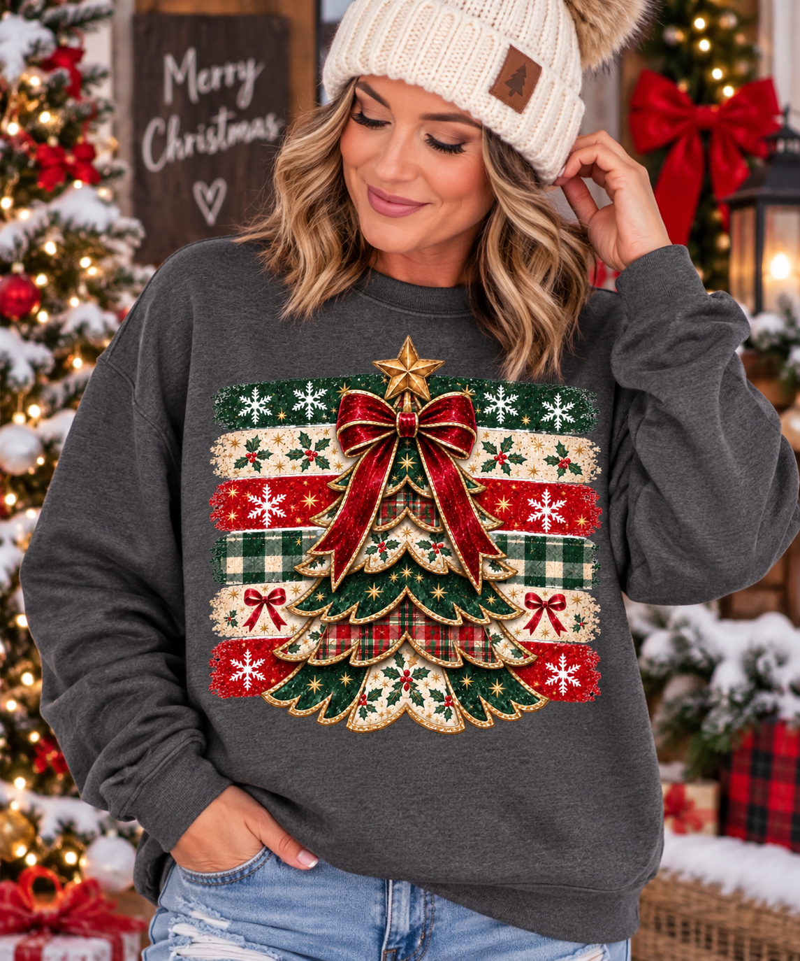 Christmas Tree Striped - DARK HEATHER GREY SWEATSHIRT/TEE