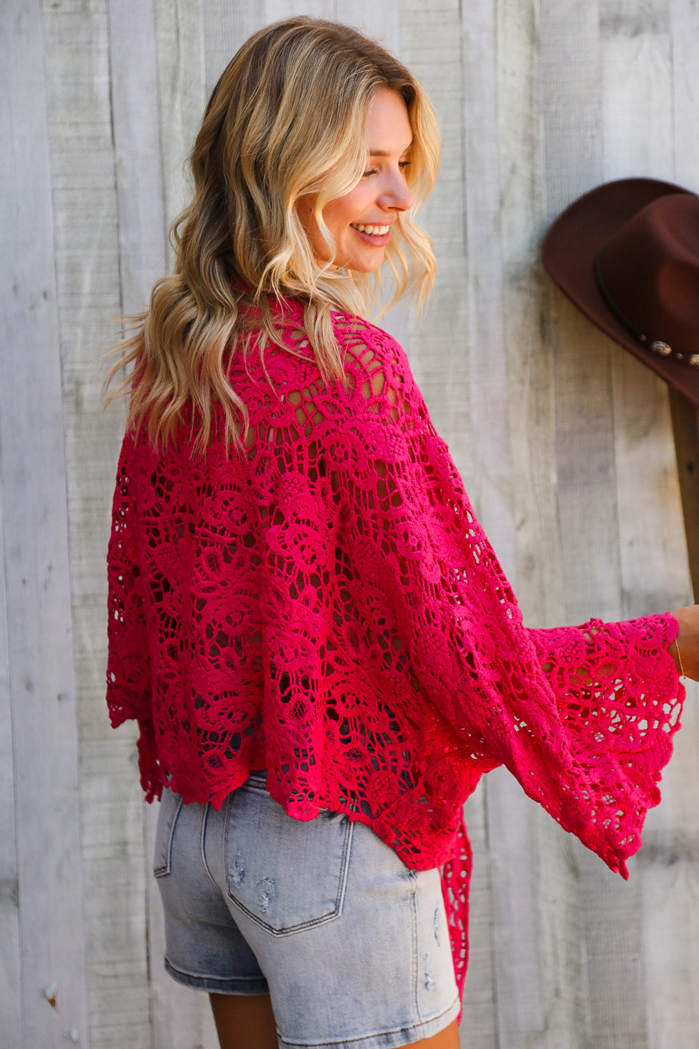 Beautiful You Fuchsia Crochet Front Tie Bell Sleeve Cardigan