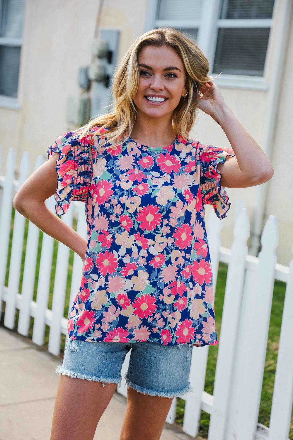 Vacay Ready Blue & Fuchsia Floral Smocked Ruffle Sleeve Top