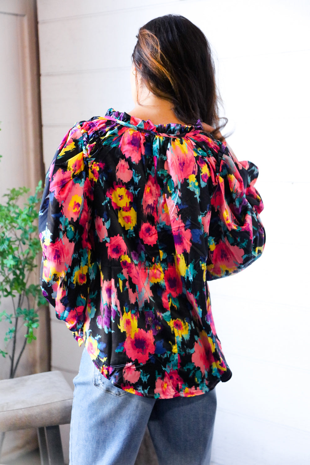 Bold and Blooming Bubble Sleeve Woven Blouse