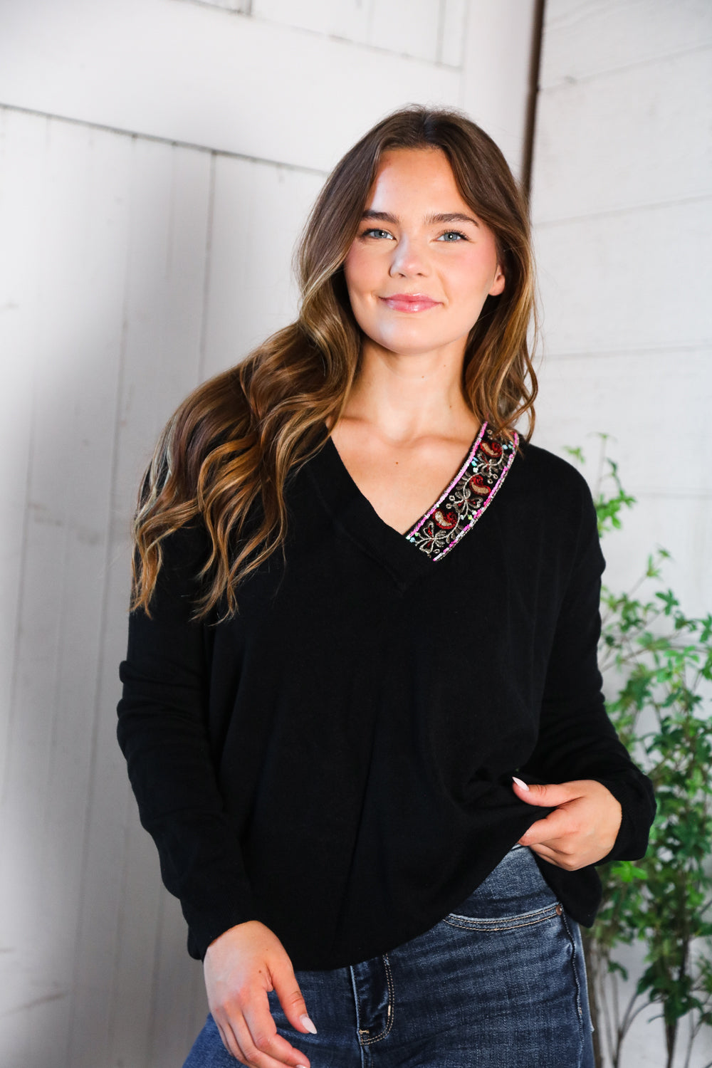 Twilight Charms Beaded V Neck Sweater