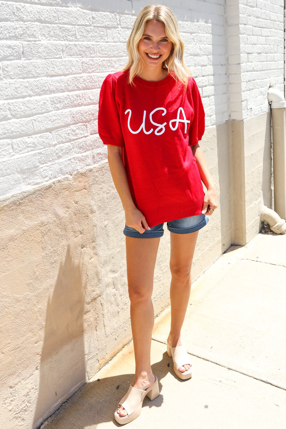 Patriotic USA Red Knit Embroidery Puff Sleeve Sweater Top