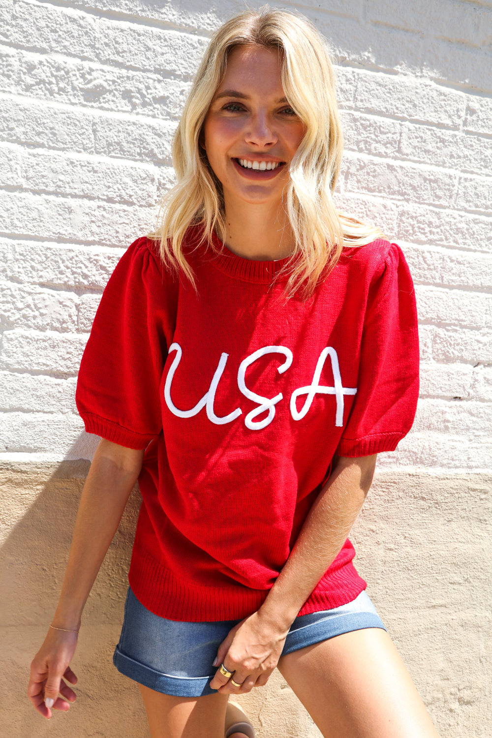 Patriotic USA Red Knit Embroidery Puff Sleeve Sweater Top