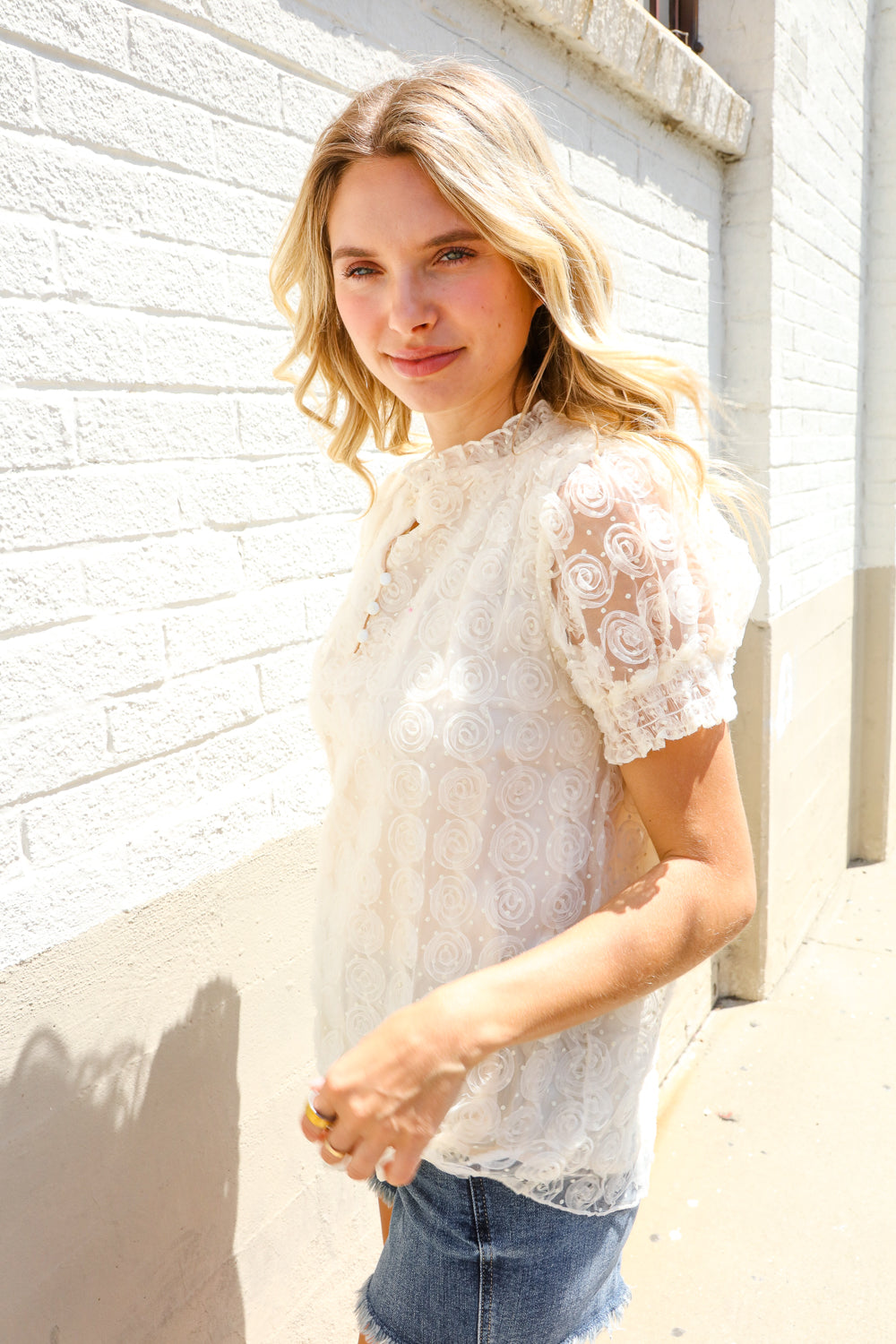 Classy Chic Ivory Swiss Dot Chiffon Button Yoke Lined Blouse