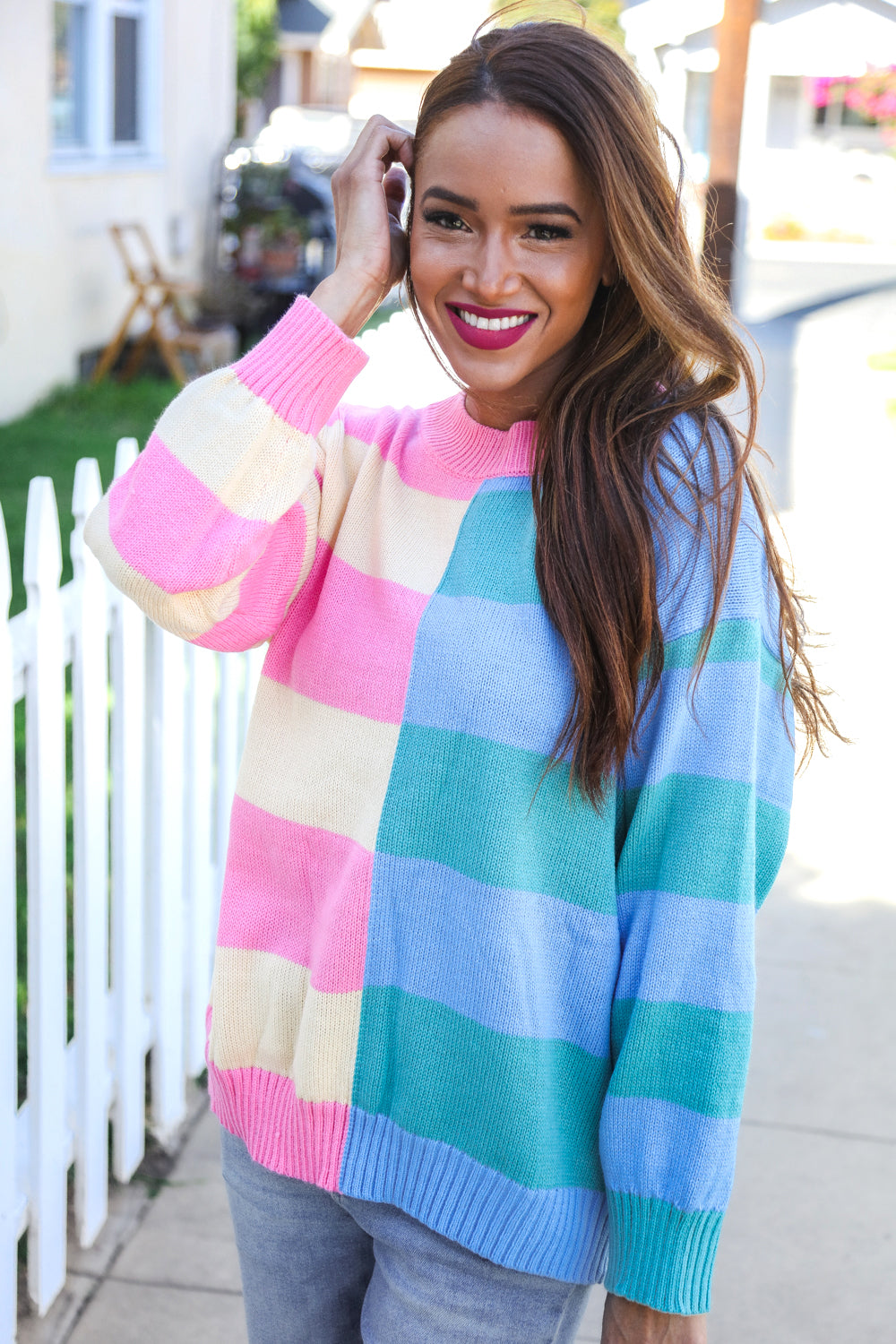Catch Glances Blush Blue Stripe Color Block Knit Sweater