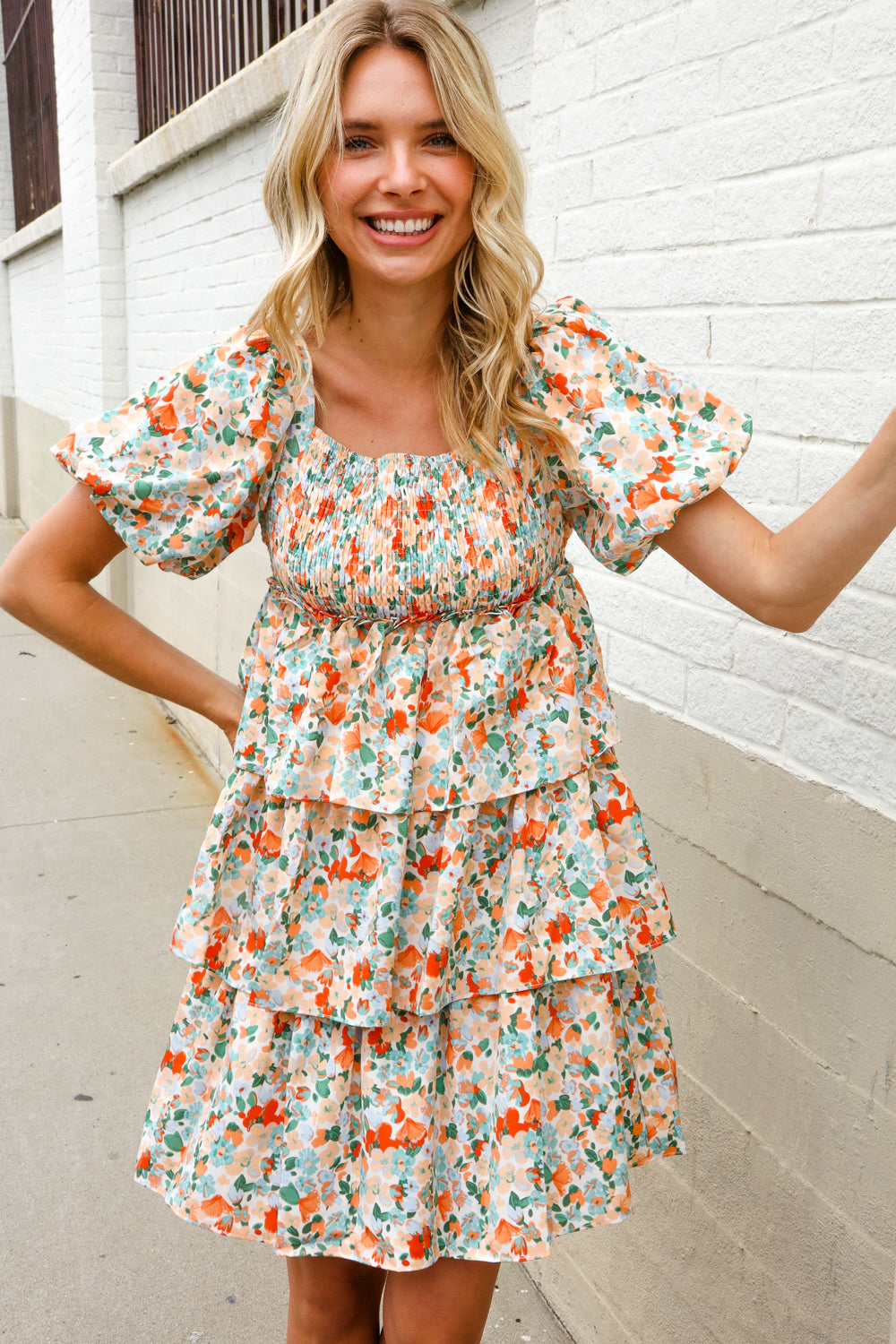Find Love Floral Print Smocked Neck Puff Sleeve Ruffle Tiered Dress