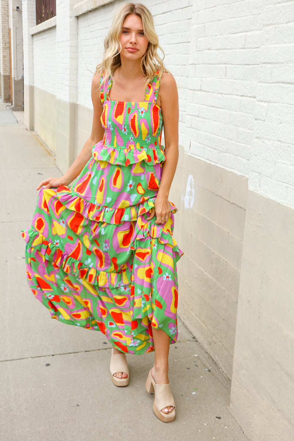 Sunny Days Abstract Print Tiered Ruffle Smocked Sleeveless Maxi