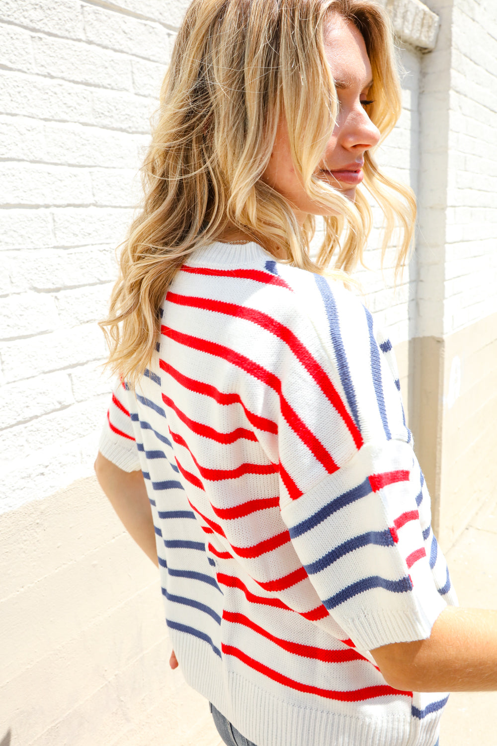 Patriotic Red & Blue Stripe Drop Shoulder Oversize Sweater Top