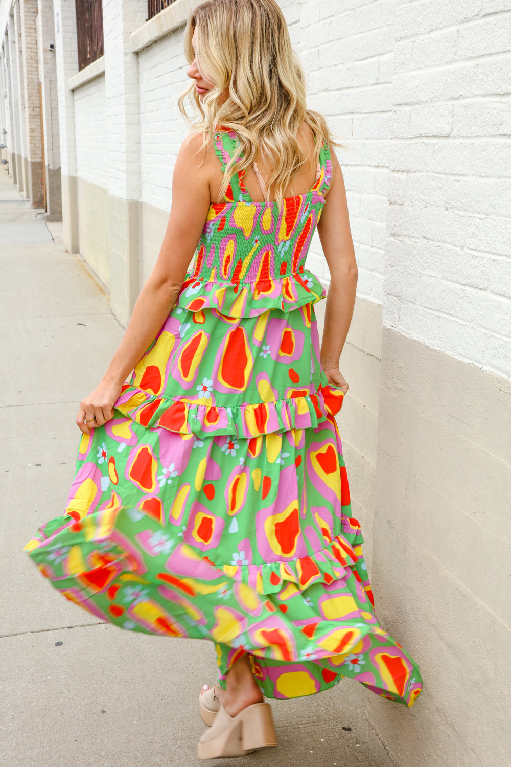 Sunny Days Abstract Print Tiered Ruffle Smocked Sleeveless Maxi