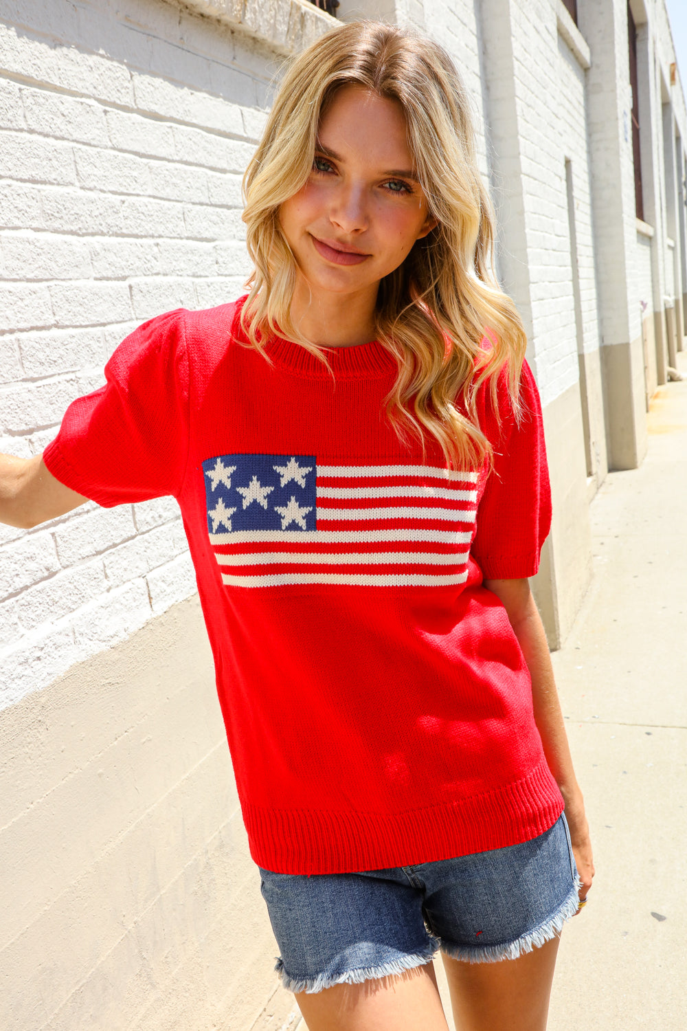 American Flag Bubble Short Sleeve Jacquard Sweater Knit Pullover
