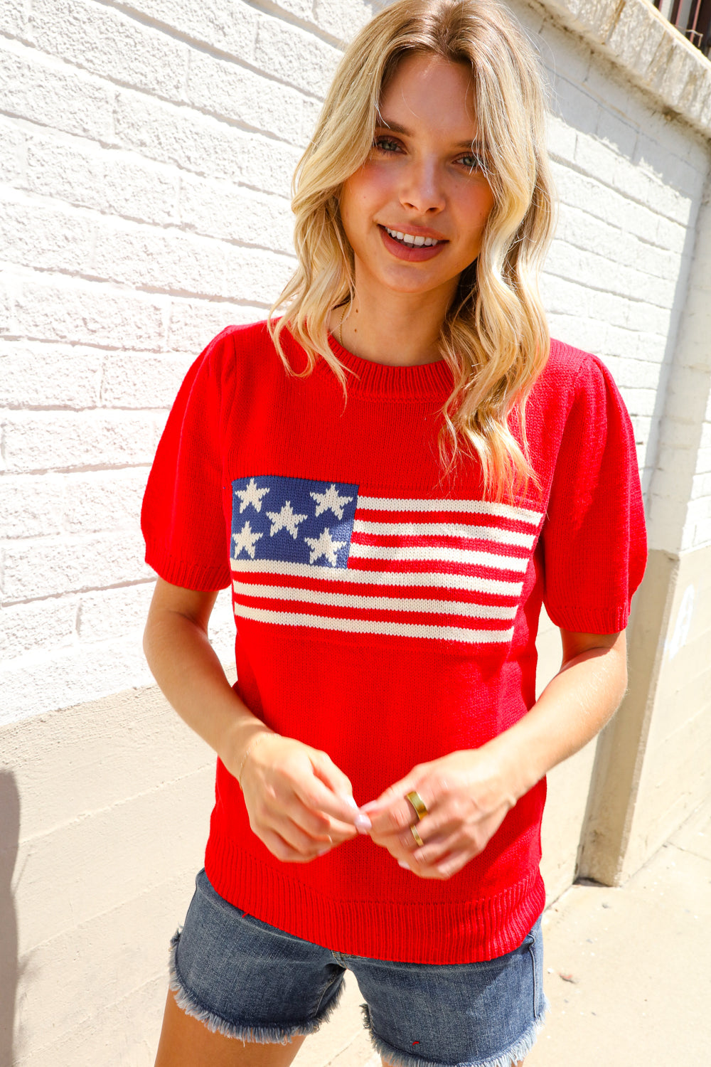 American Flag Bubble Short Sleeve Jacquard Sweater Knit Pullover
