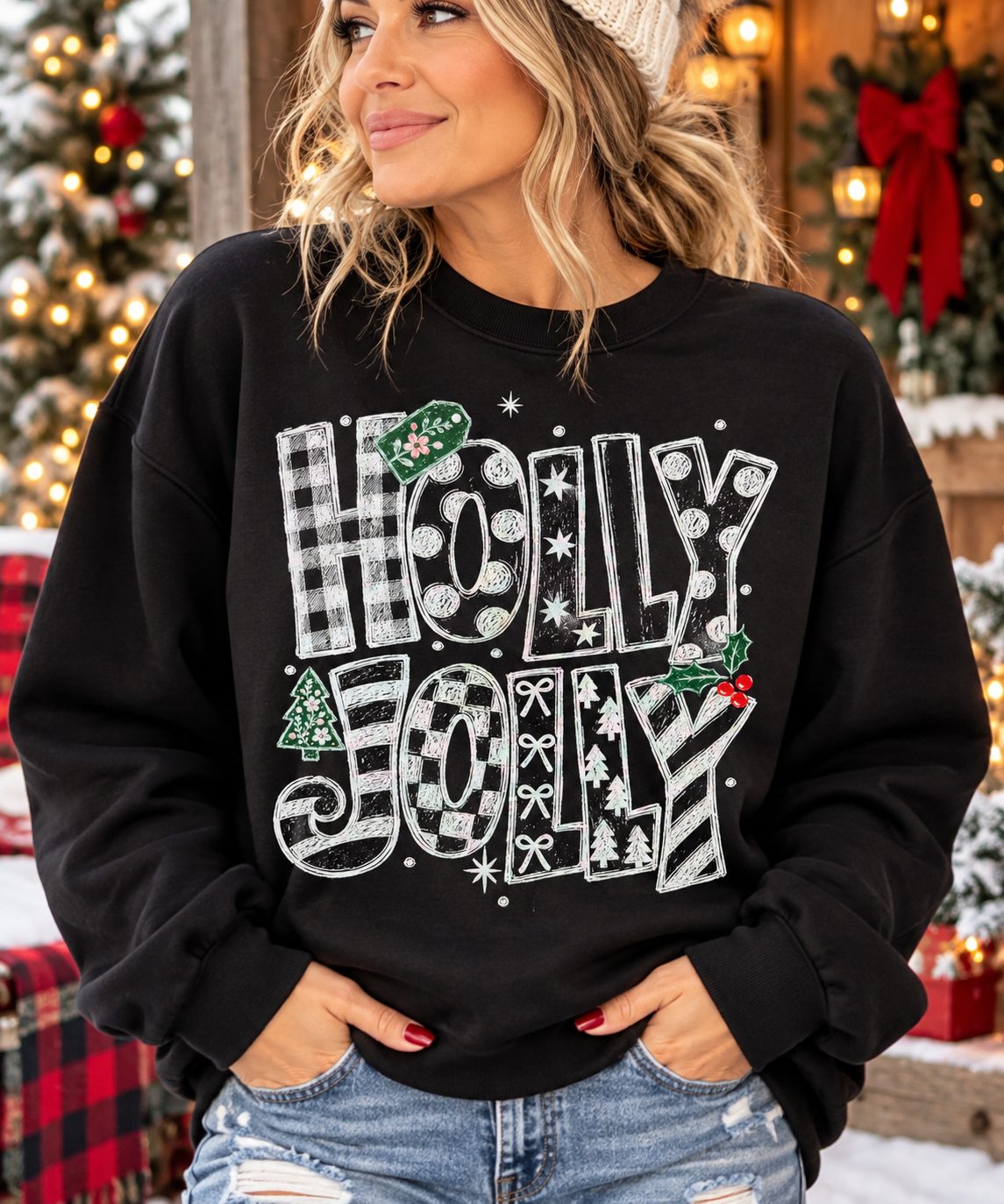 HOLLY JOLLY BLACK AND WHITE - UNISEX GRAPHIC SWEATSHIRT/TEE