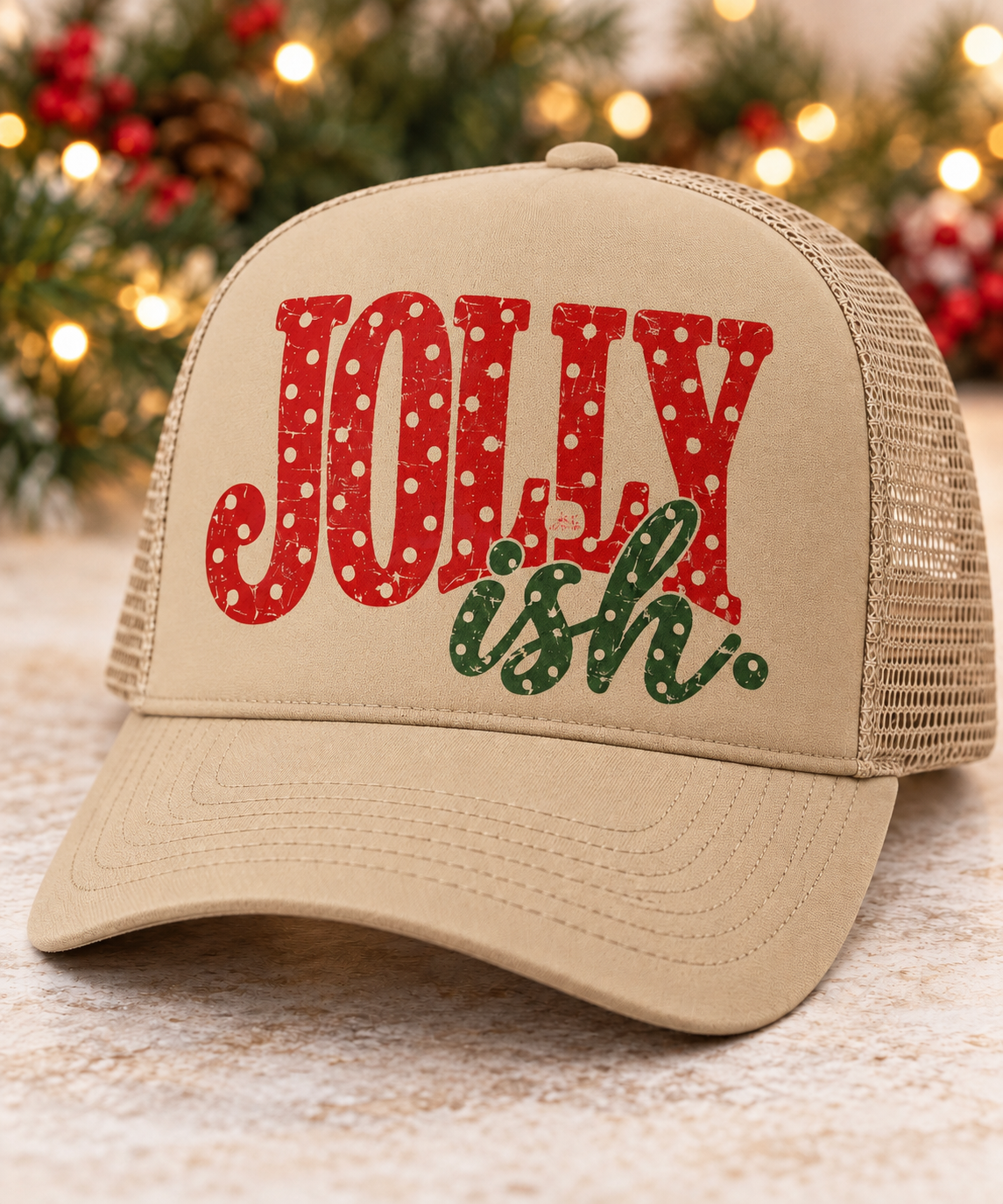 JOLLY ISH POLKA DOT - UNISEX DTF Printed Tan Trucker Hat