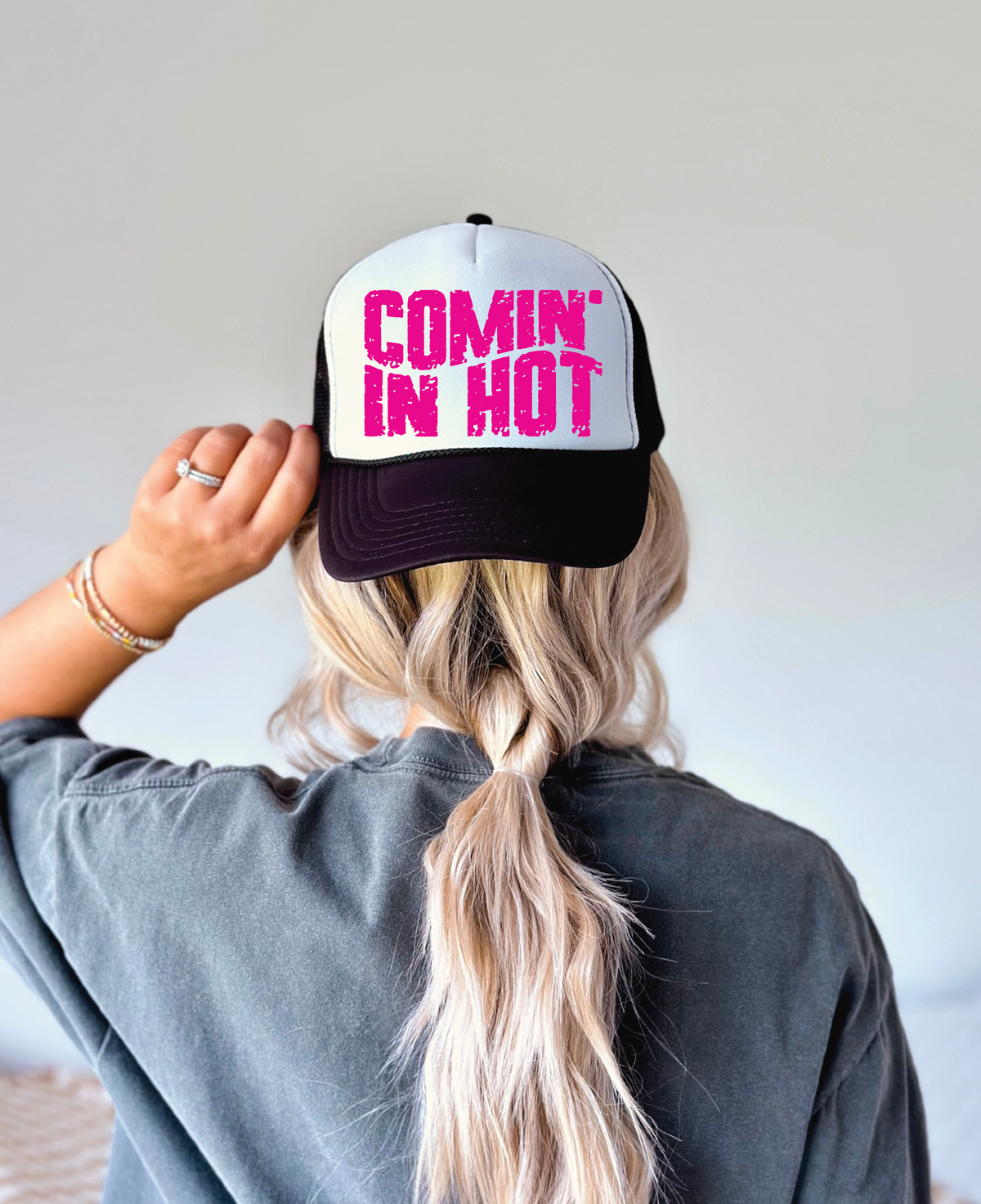 Comin In Hot DTF Printed Black and White Trucker Hat