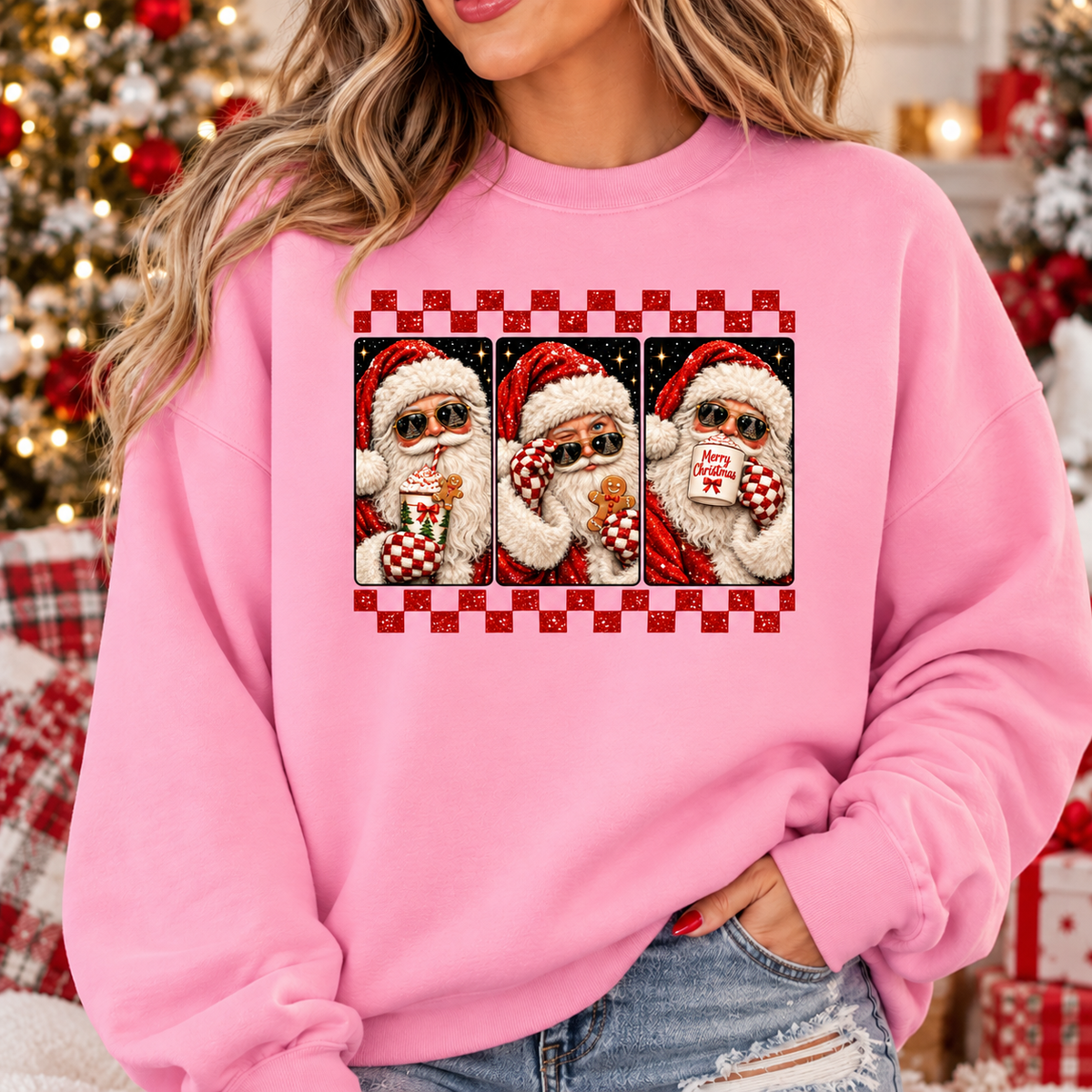 Santa Checkered Squares - Unisex Graphic Sweatshirt/Tee