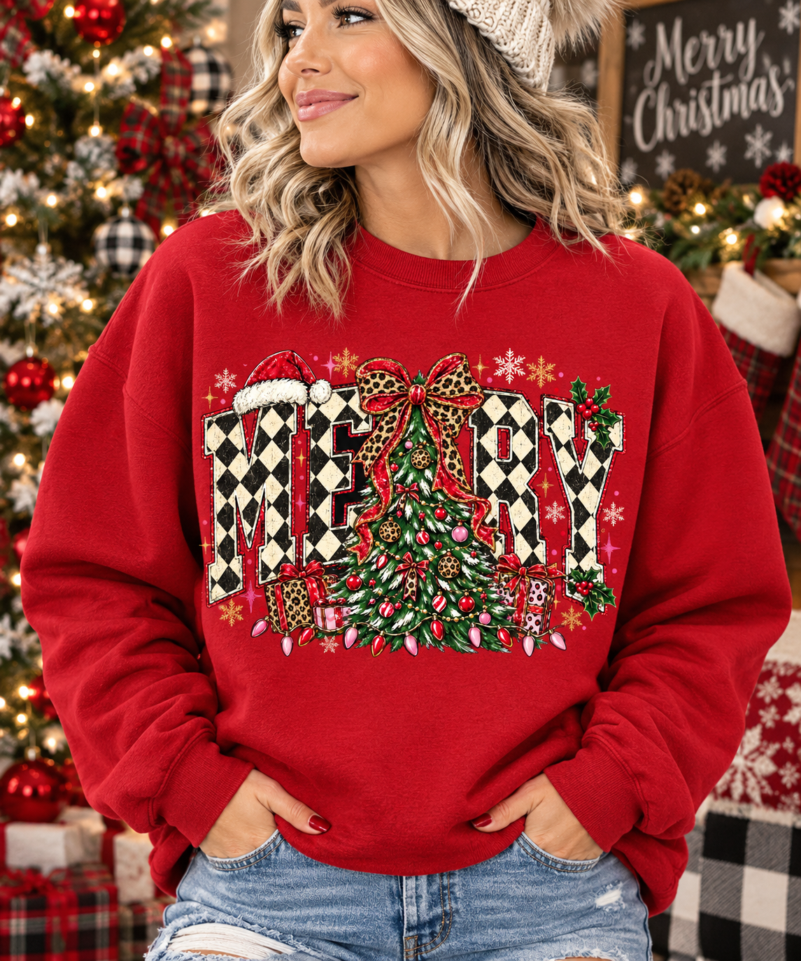 MERRY CHECKERED- UNISEX GRAPHIC SWEATSHIRT OR TEE