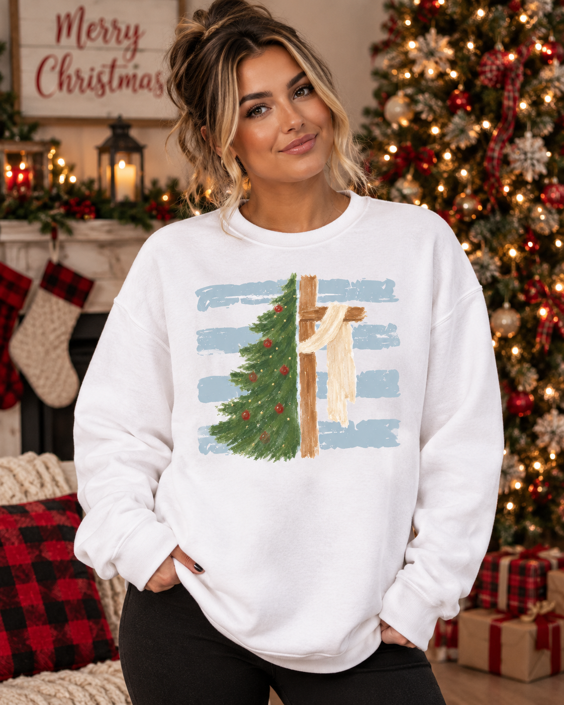 Blue Stripes Christmas Tree Cross - Graphic Sweatshirt/Tee