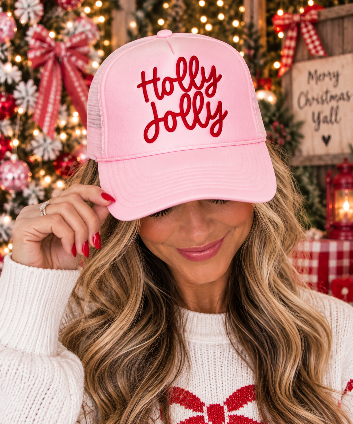 HOLLY JOLLY RED - DTF Printed Light Pink Trucker Hat