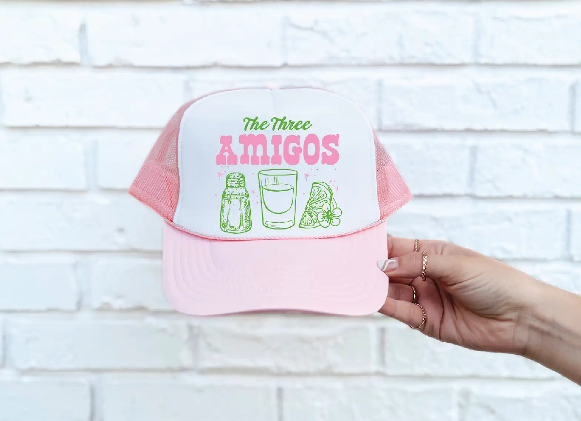 The Three Amigos DTF Printed Light Pink & White Trucker Hat