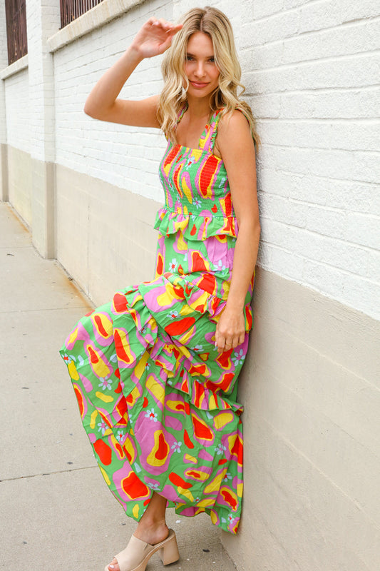 Sunny Days Abstract Print Tiered Ruffle Smocked Sleeveless Maxi