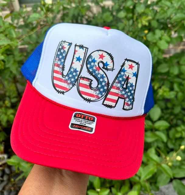 USA DTF Printed Blue/Red/White Trucker Hat