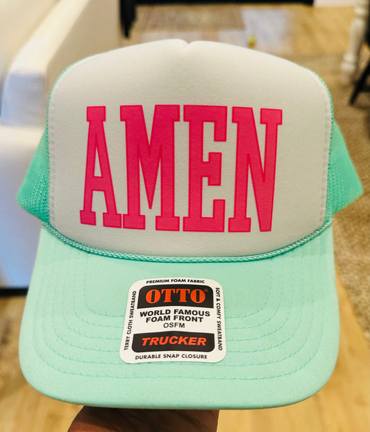 Amen DTF Printed Seafoam and White Trucker Hat