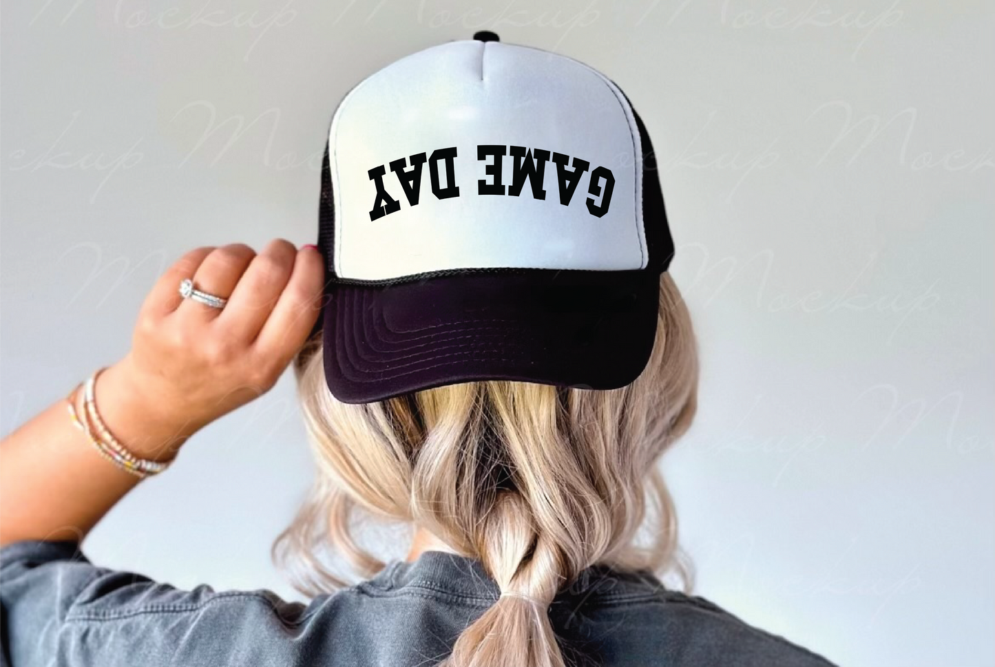 Upside Down Game Day- UNISEX BLACK AND WHITE Trucker Hat