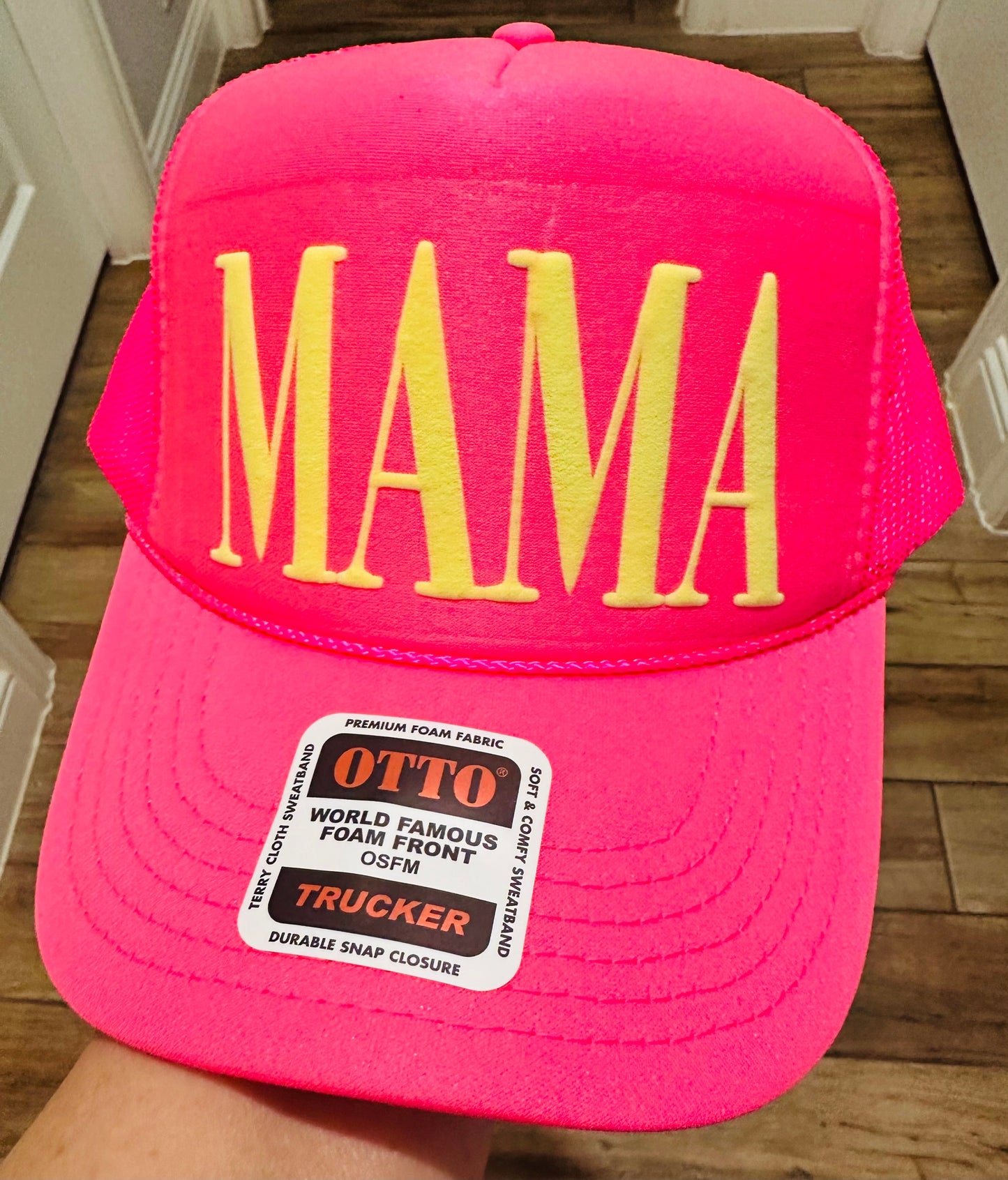 MAMA Puff Vinyl Neon Yellow 0n a Neon Pink Foam Trucker Hat
