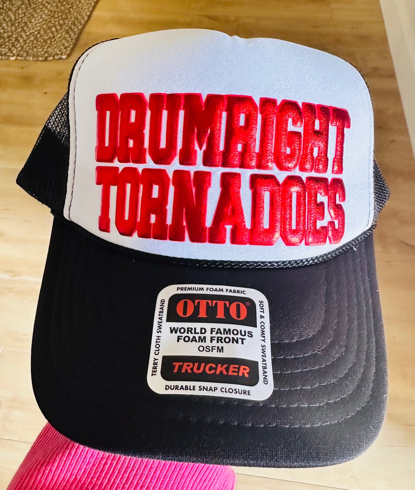 Anita Osburn Drumright Tornadoes Red Metallic Puff Print on Black & White Foam Trucker Hat