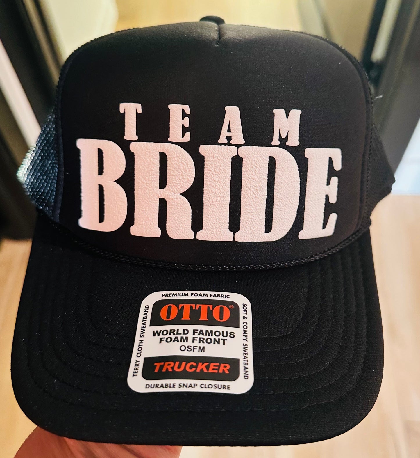Team Bride 3D Puff Vinyl White on Black Foam Trucker Hat