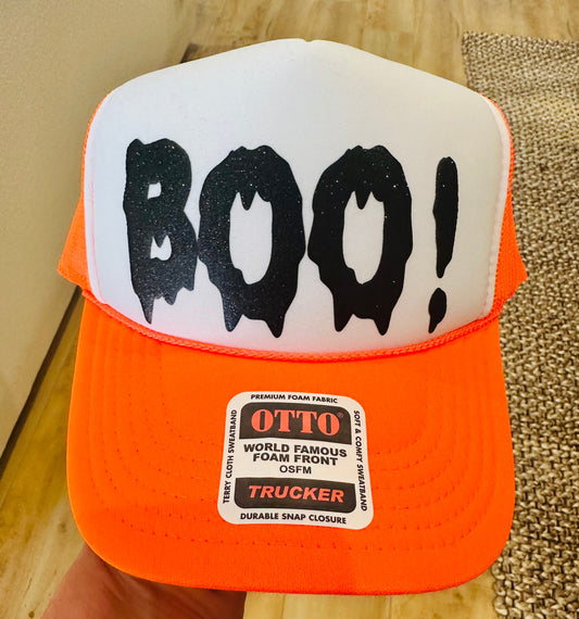 3D Glitter Black Puff Vinyl Boo! on Neon Orange and White Foam Trucker Hat