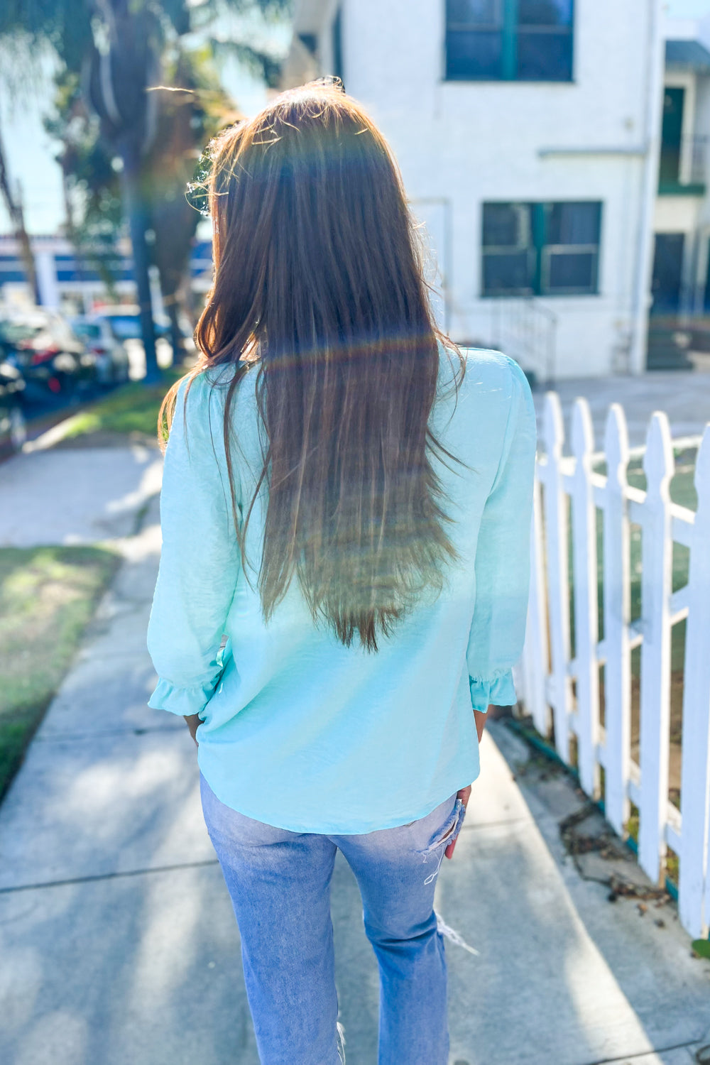 Elegant You Mint Frill Neck Back Button Ruffle Sleeve Blouse