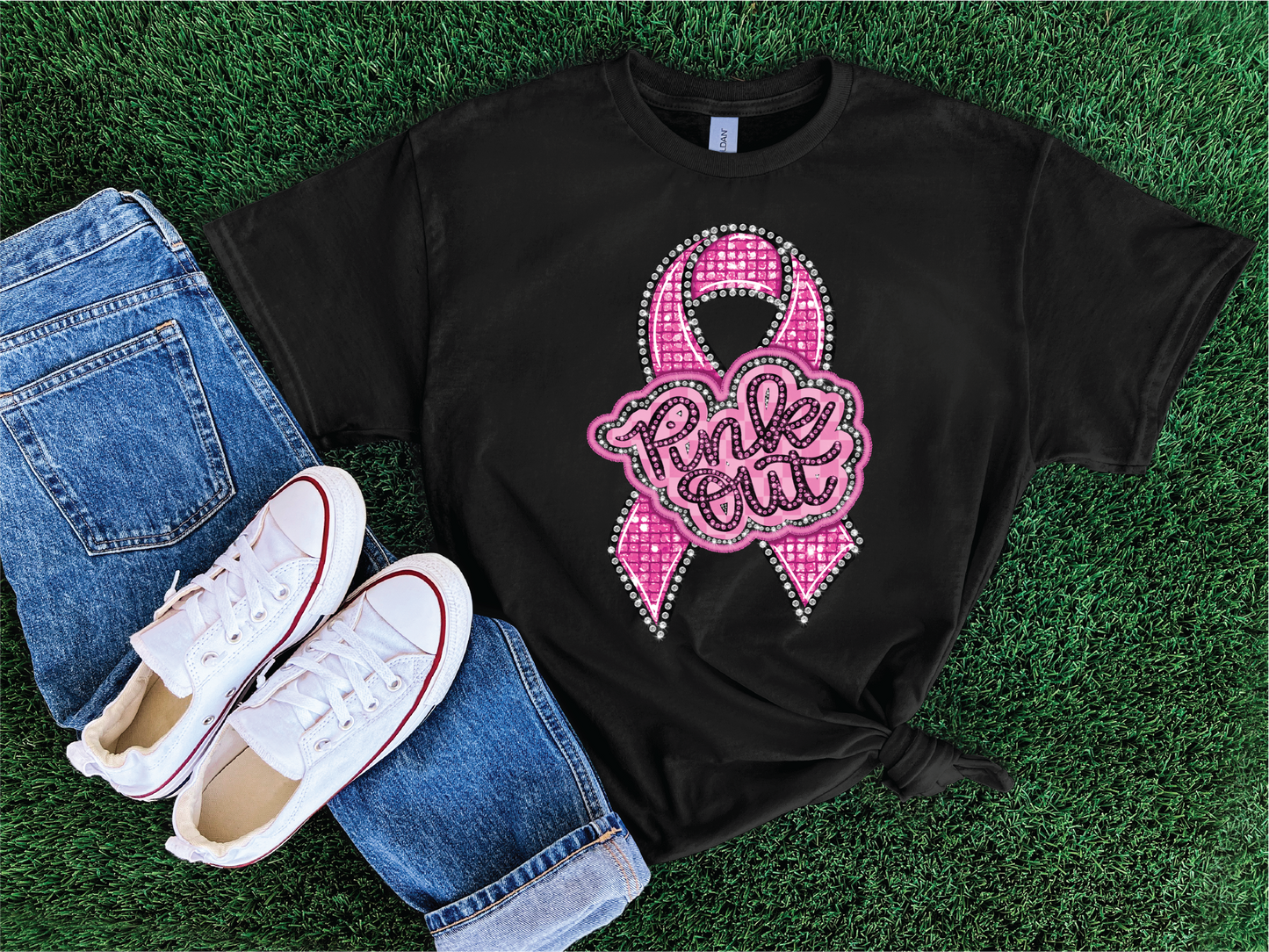 Pink Out Faux Glitter Ribbon Graphic T-shirt