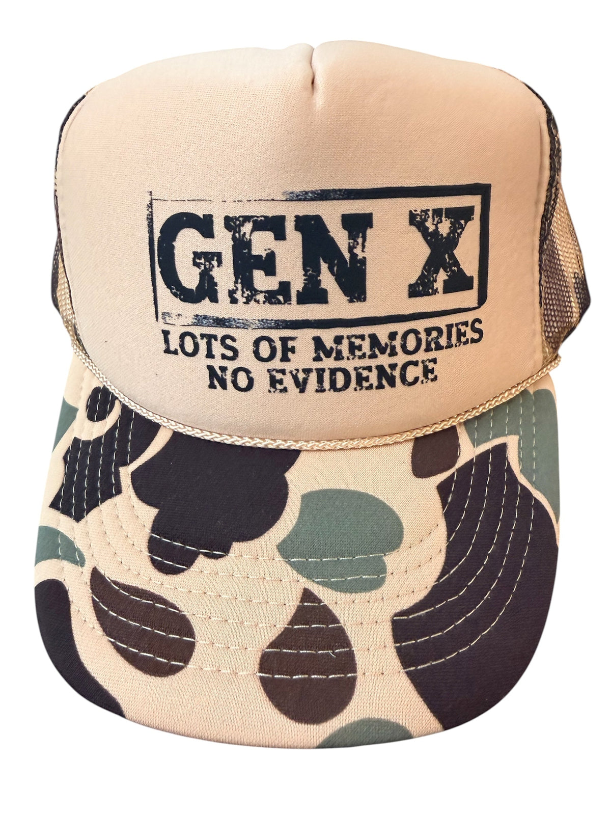 Gen X Lots of Memories DTF Printed on A Duck Camo and Tan Trucker Hat
