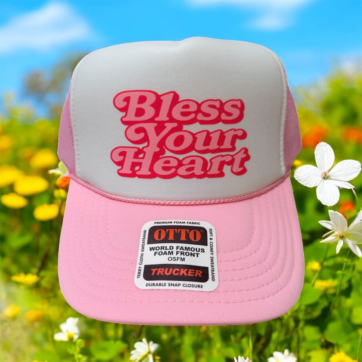 BLESS YOUR HEART- UNISEX LIGHT PINK AND WHITE Trucker Hat