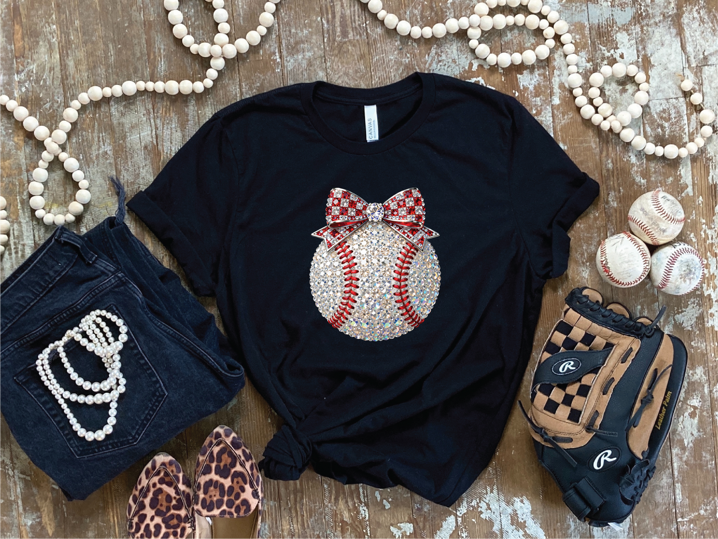 Baseball Bow Faux Rhinestone- Unisex Graphic Tee