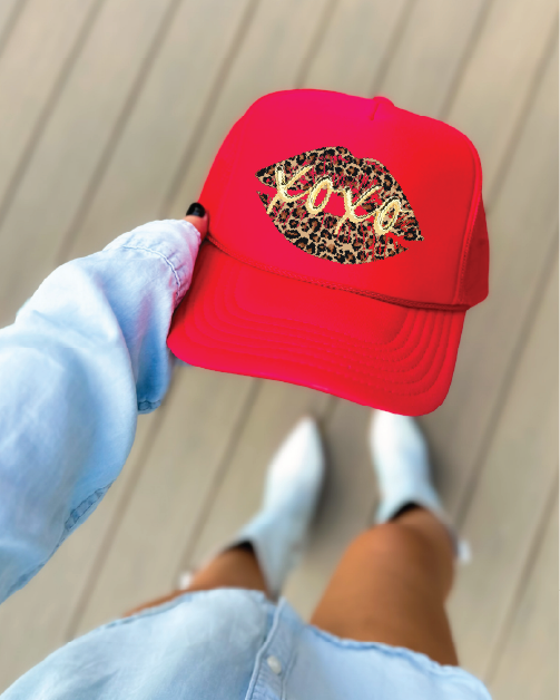 XOXO LEOPARD LIPS - UNISEX Red Foam Trucker Hat