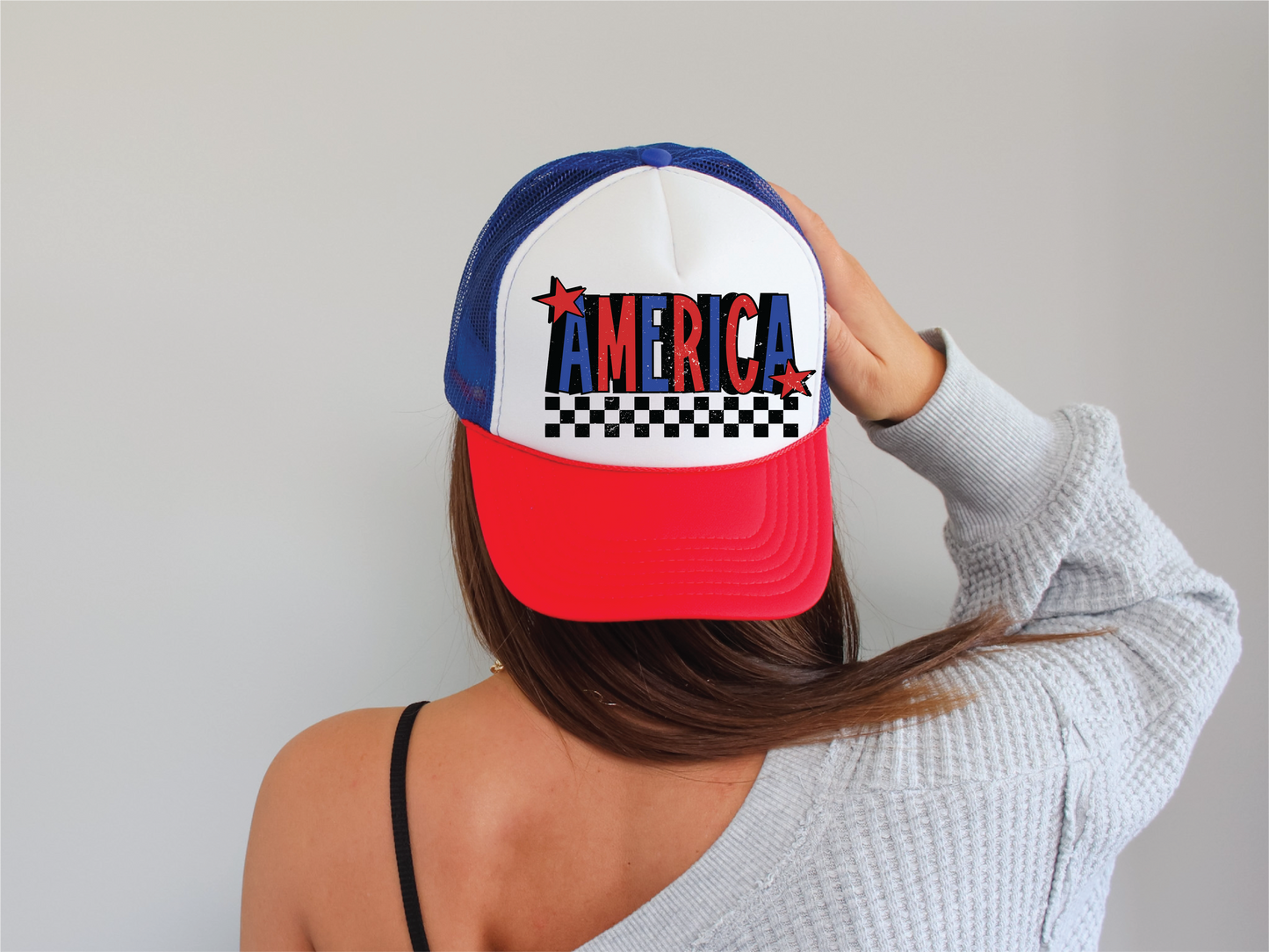 America Checkered DTF Printed Red White And Blue Trucker Hat
