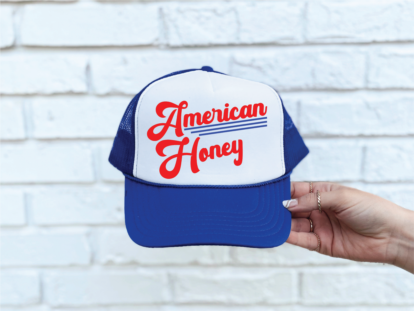 American Honey DTF Printed Royal Blue & White Trucker Hat