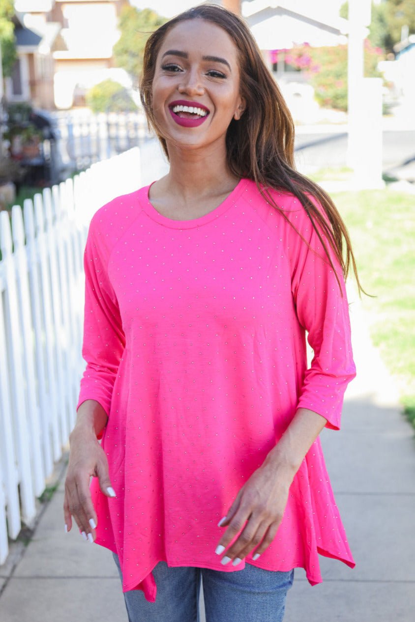 Be Bold Hot Pink Glitter Stud Scarf Hem Top - Southern Belles & Company Boutique