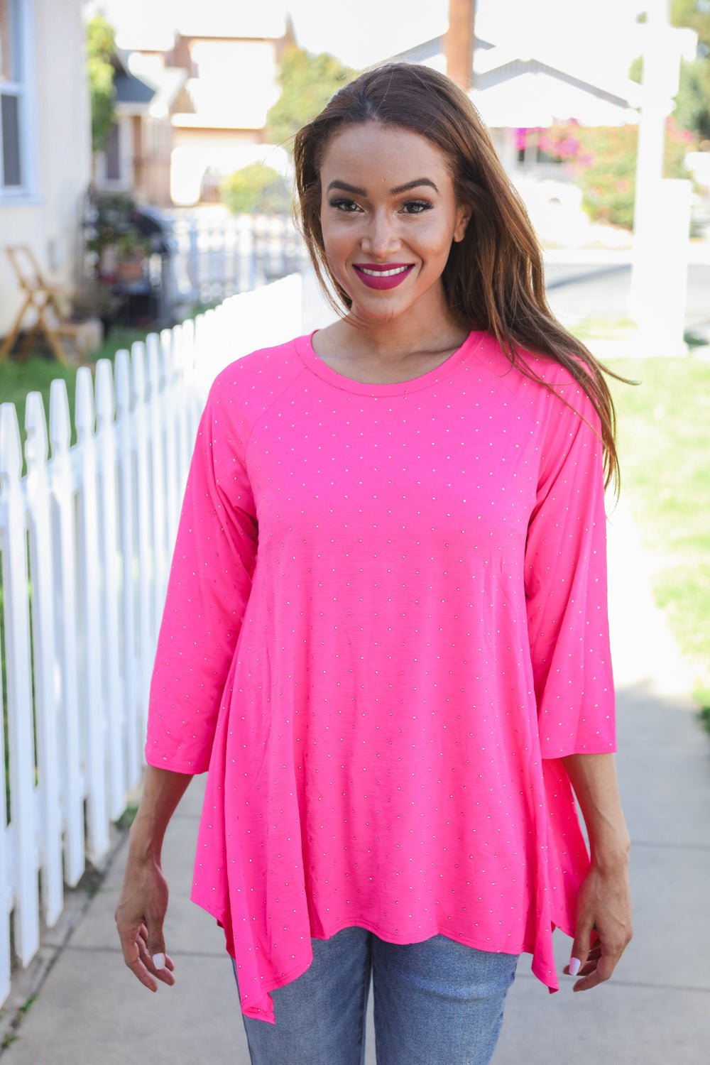 Be Bold Hot Pink Glitter Stud Scarf Hem Top - Southern Belles & Company Boutique