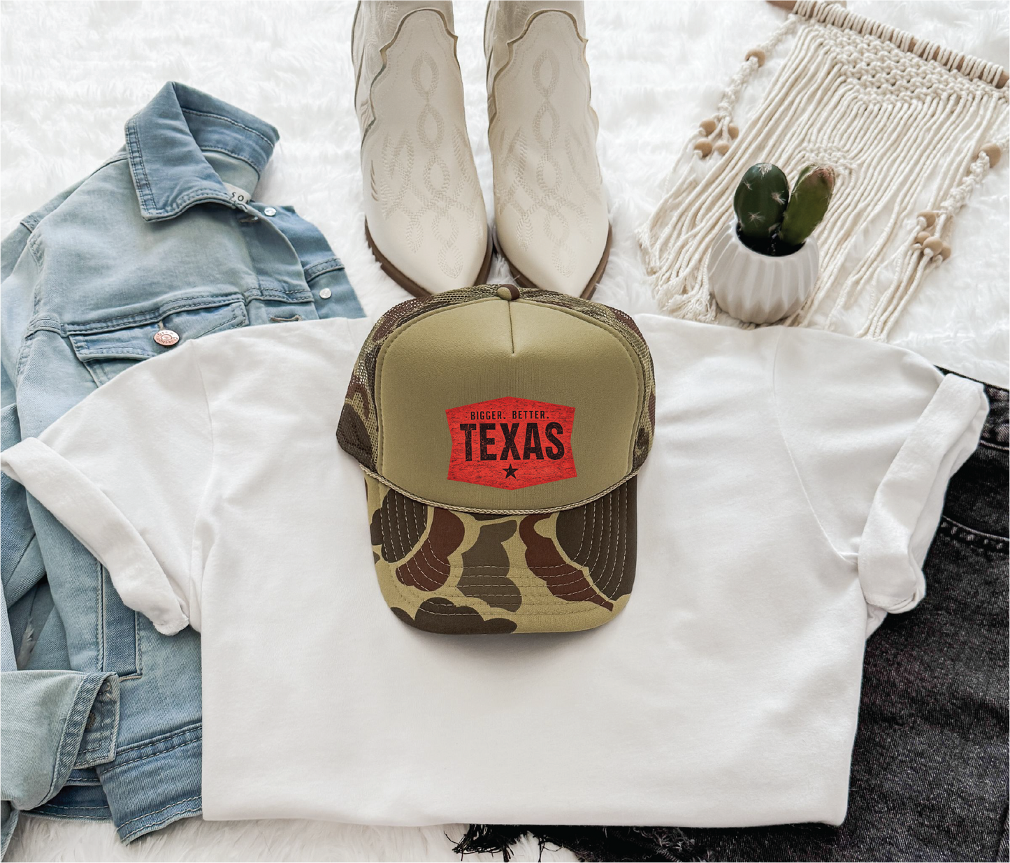 Bigger Better Texas printed on Camo and Olive Foam Trucker Hat