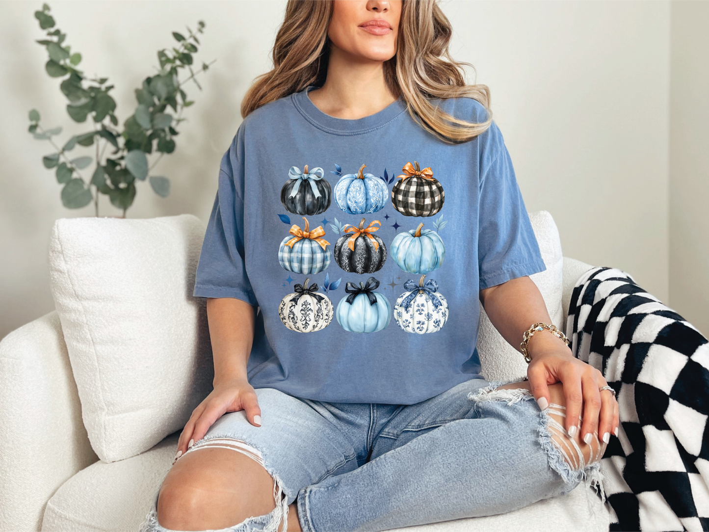 Blue Floral and Black Plaid Pumpkins Fall Graphic T-Shirt