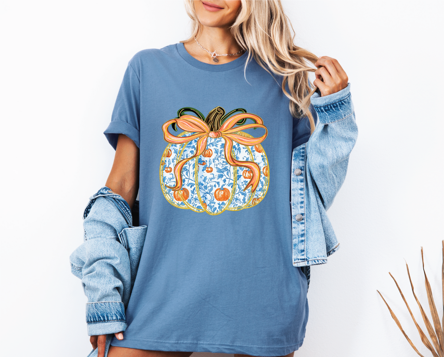 Blue Floral Pumpkin Fall Graphic T-Shirt