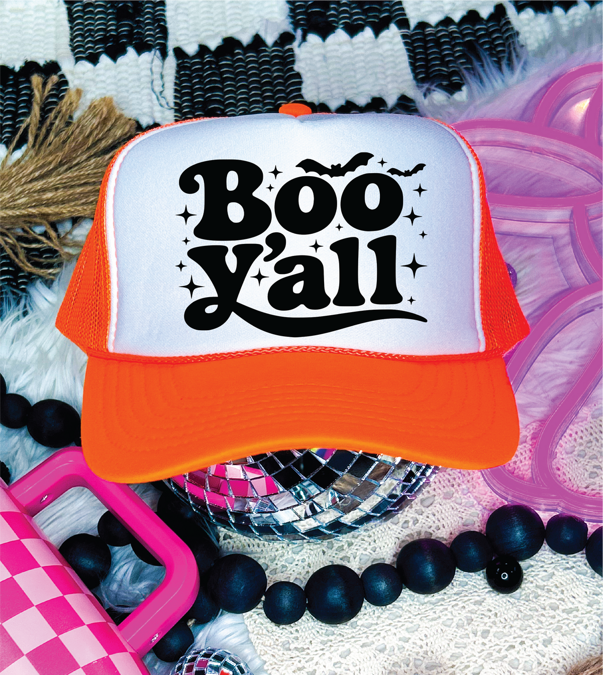 Boo Yall DTF Printed Neon Orange and White Trucker Hat